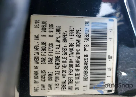 2006 Honda Accord Lx z USA, uszkodzony, nr VIN 1HGCM66386A052096